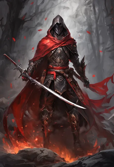 (ultra-detailed CG unit 8k wallpaper, Master parts, Best quality, depth of fields, hdr, 复杂), Tall, The sinister Dark Assassin wears a metal mask，Bright red eyes，Light and dark armor，Behind him he wears a low-key red cloak，Holding a sharp dagger in his arms...