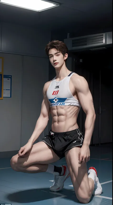 (((best quality))),(((ultra detailed))),(((masterpiece)))，（cute tall shota：2），the height of a volleyball player，bodybuilding cha...