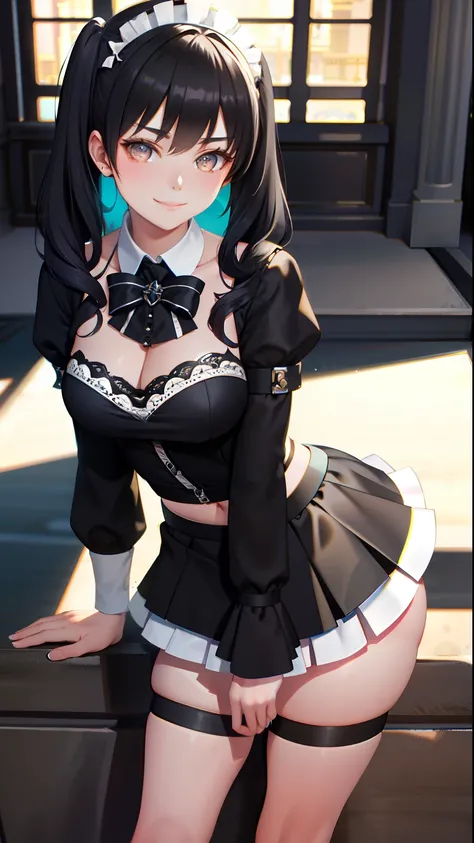 masterpiece, top-quality, Detailed details, Detailed landscapes, beatiful lights, Beautiful Shadows, 1girl in, sixteen years old,Black eyes,Shy smile, a miniskirt.Maid appearance,(low angles), detailed skin textures, Tyndall effect,Offering tea,Mansion