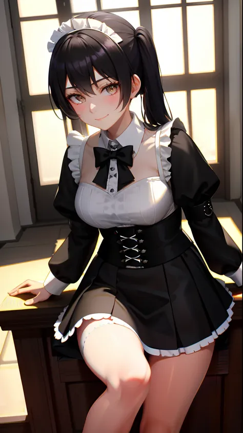 ​masterpiece, top-quality,  Detailed details, Detailed landscapes, beatiful lights, Beautiful Shadows, 1girl in, sixteen years old,Black eyes,Shy smile, a miniskirt.Maid appearance,(low angles), detailed skin textures, Tyndall effect,Offering tea,Mansion