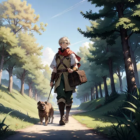 [boy + adventurer + short hair + medieval costume for men  + alone + big bag  + Male ] + green meadow + 2 trees + sky + Mastiff + bow + small