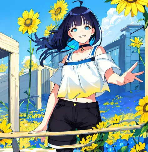 (high-quality, breathtaking),(expressive eyes, perfect face), short, young girl, long dark blue hair, blue eyes, smiling, white crop top, long black pants, choker, urban setting, blue sky, shine, glow, yellow flowers, blunt bangs, himawari uzumaki, long ha...