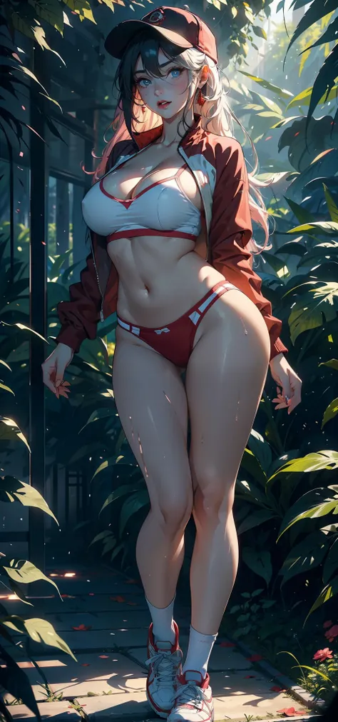 1female，35yo，熟妇，gigantic cleavage breasts，Big breasts Thin waist，long leges，Pornographic exposure， 独奏，（Background with：ln the forest，the rainforest，in summer） She has long pink hair，standing on your feet，Sweat profusely，drenched all over the body，seen from...