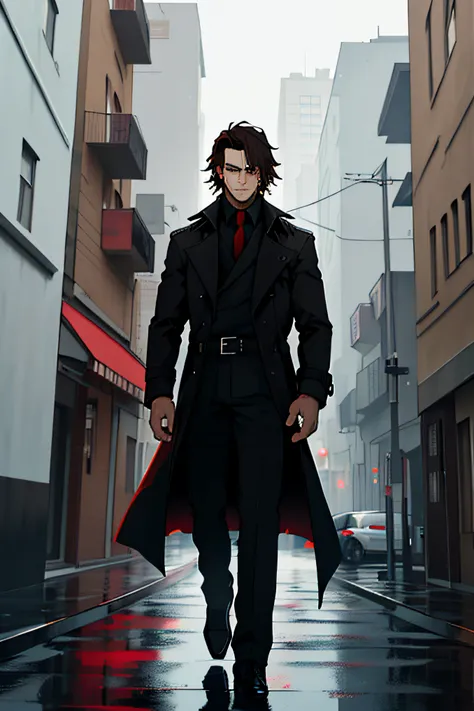 A man，Private investigator，Black-brown hair，White pick dye，mid - length hair，a black trench coat，red pupils，Stand on a tall building，defiance。