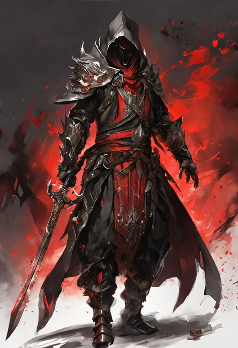 (ultra-detailed CG unit 8k wallpaper, Master parts, Best quality, depth of fields, hdr, 复杂), Tall, The sinister Dark Assassin wears a metal mask，Bright red eyes，Light and dark armor，Behind him he wears a low-key red cloak，Holding a sharp dagger in his arms...