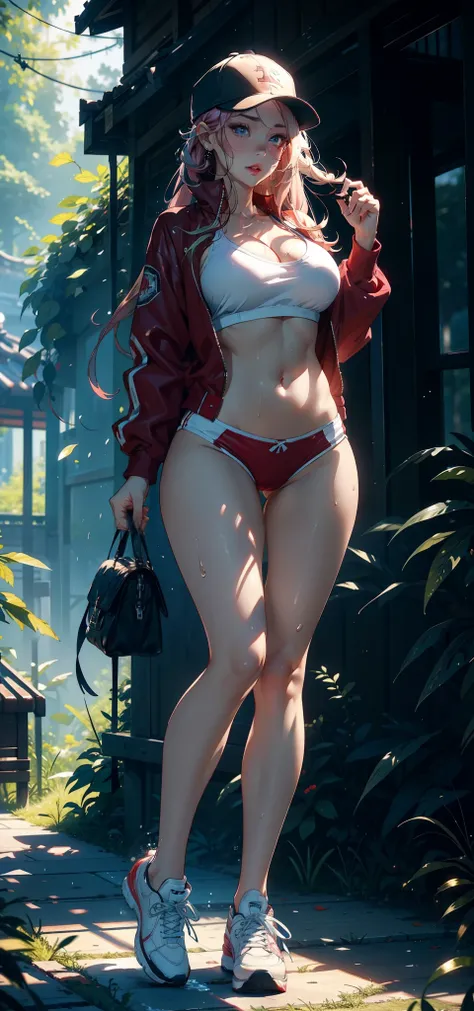 1female，35yo，熟妇，gigantic cleavage breasts，Big breasts Thin waist，long leges，Pornographic exposure， 独奏，（Background with：ln the forest，the rainforest，in summer） She has long pink hair，standing on your feet，Sweat profusely，drenched all over the body，seen from...