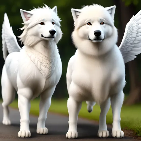 Samoyeds with white feathered wings