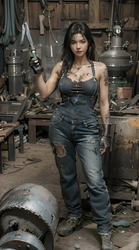 ((best quality)), ((masterpiece)), (detailed), mesmerizing and alluring female blacksmith covered in soot,confident smile，look i...