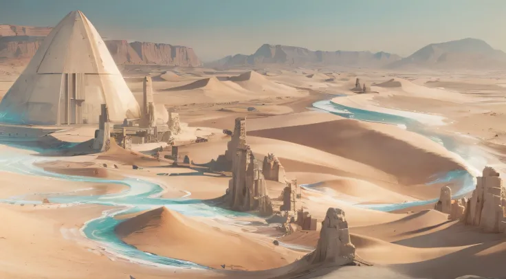 Sci-fi castle covered in sands of the desert, white and blue vivid colors, (masterpiece) BREAK Serene desert landscapes, volumetric light