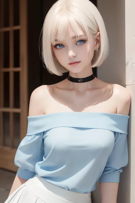 top-quality, 超A high resolution, (Photorealsitic:1.4), 1 beautiful girl, ((Off-the-shoulder light blue shirt)), (White tight skirt), Black Choker, (japanese beauty girl), (Lustrous blonde hair), ((a short bob)), ((A slender)), (medium cleavage), a closeup,...