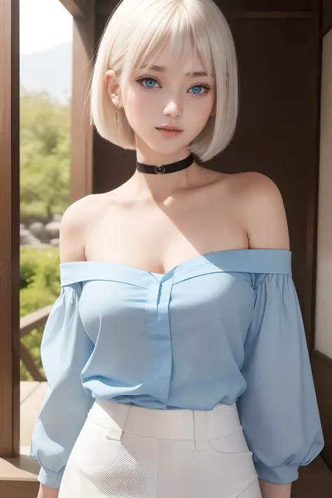 top-quality, 超A high resolution, (Photorealsitic:1.4), 1 beautiful girl, ((Off-the-shoulder light blue shirt)), (White tight skirt), Black Choker, (japanese beauty girl), (Lustrous blonde hair), ((a short bob)), ((A slender)), (medium cleavage), a closeup,...