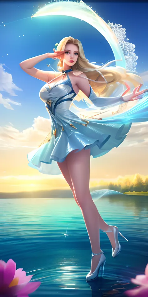 1 beautiful girl,best qualtiy，top Quority，1080p (Realistic:1.3) (Full body photo:1.3), standing photo, Stand in front of the blue lake, White transparent wedding dress, Soft and transparent dress, blond hairbl, Blue eyes, Wavy hair, Masterpiece, diffused s...