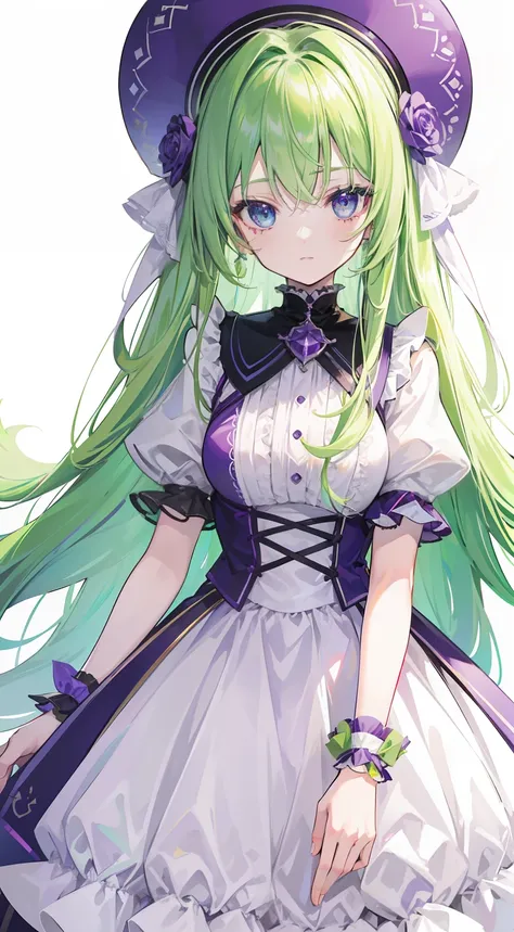 Fantastic shiny light greenish purple long hair，Green is the host color，Purple and red with white clothes，The eyes are pale bluish blue，This is a cute sweet girl，Soft girl