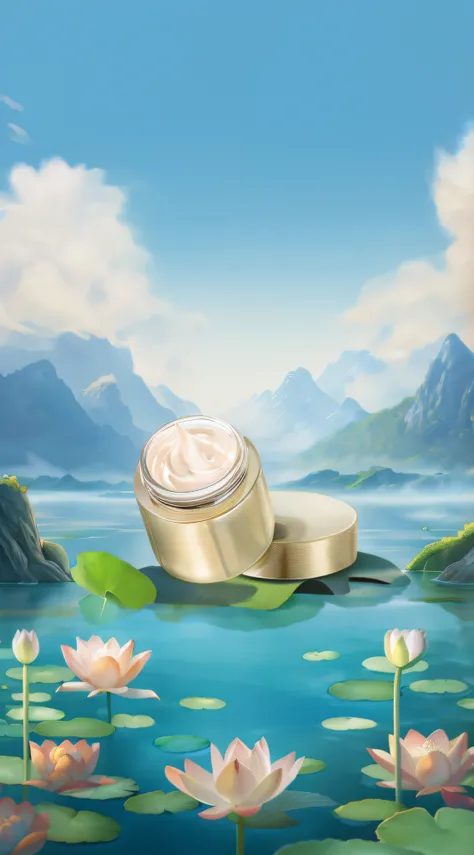 There is a jar of cream placed on a lily-covered surface, high quality topical render, background artwork, Lotus, Detailed scenery —width 672, detailed lake in background, beautiful detailed scene, highly detailed scenario, digital painting highly detailed...