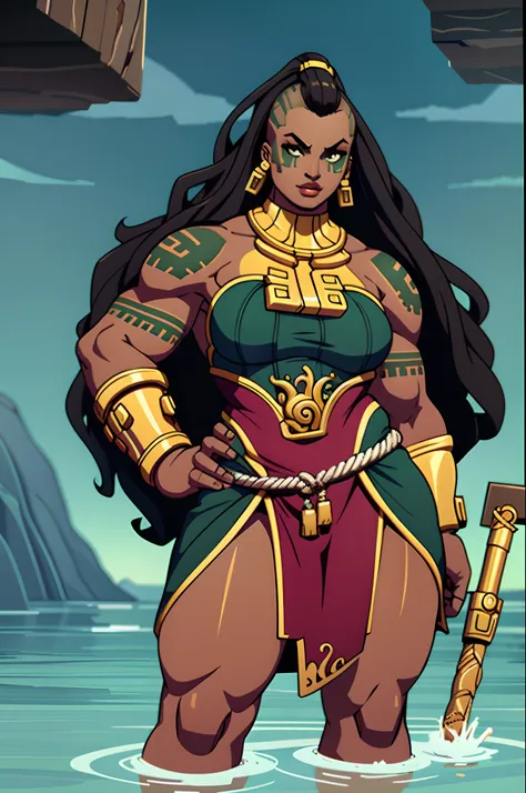 illaoi, 1girl, dark skin, long hair, muscular, solo, standing, detailed face, ultra detailed eyes, looking at viewer, cowboy shot, upper body, standing on liquid, shipwreck, (masterpiece:1.2, best quality)