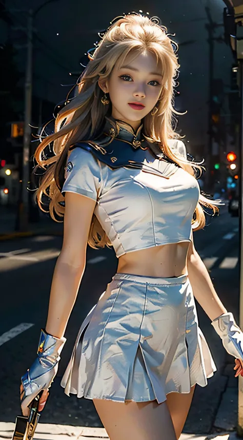 (Extreme Detail CG Unity 8K Wallpapers，tmasterpiece，Highest image quality)，(Delicate light and shadow，The picture is highly dramatic，Cinematic lens effect)， （the sailor moon：1.1），Charming smile，double tails， eBlue eyes，Golden hair， tight top，whitegloves， m...