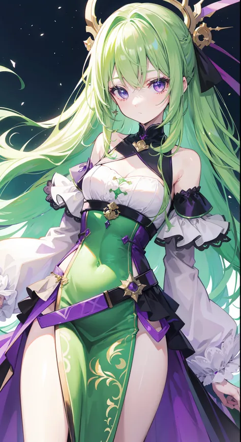 Fantastic shiny light greenish purple long hair，Green is the host color，Purple and red with white clothes，The eyes are pale greenish-blue，This is a cute sweet girl，Soft girl