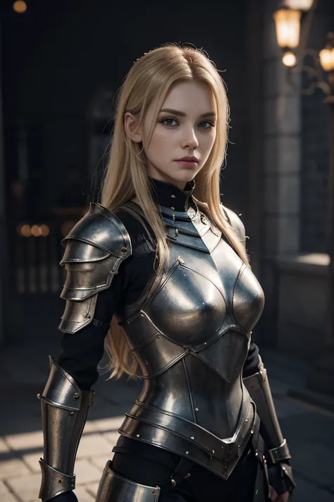 A young blonde, very beautiful girl with long hairs, (black:1. 3) armor, elegant pose, highly detailed, creepy, deadly face, sharp focus, ultra-realistic, concept art, highly detailed, photorealistic, octane render, unreal engine, depth of field, pentagon ...