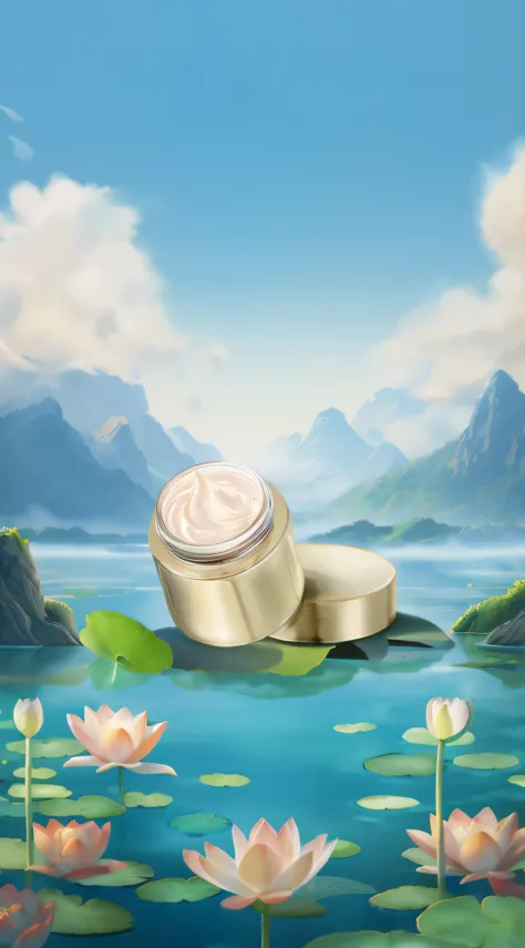 There is a jar of cream placed on a lily-covered surface, high quality topical render, background artwork, Lotus, Detailed scenery —width 672, detailed lake in background, beautiful detailed scene, highly detailed scenario, digital painting highly detailed...