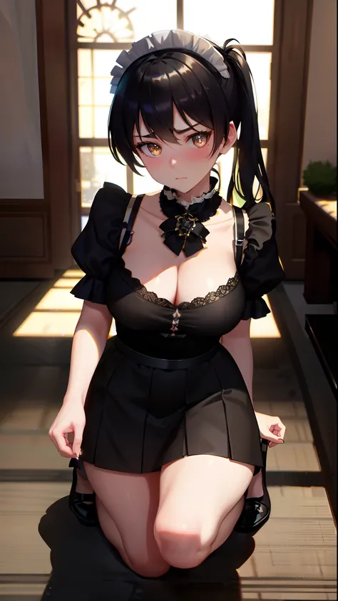 masterpiece, top-quality, Detailed details, Detailed landscapes, beatiful lights, Beautiful Shadows, 1girl in,Get down on one knee,up chest,sixteen years old,Black eyes,embarassed expression,a miniskirt.Maid appearance,(low angles), detailed skin texture...