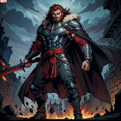 Darkest dungeon style, Sadurang from Marvel, hunk, wild mane hair, defined face, detailed eyes, short beard, glowing red eyes, dark hair, wearing heavy armor, cape of furs, scaled armguards, scaled sleeves, grey pants, heavy boots