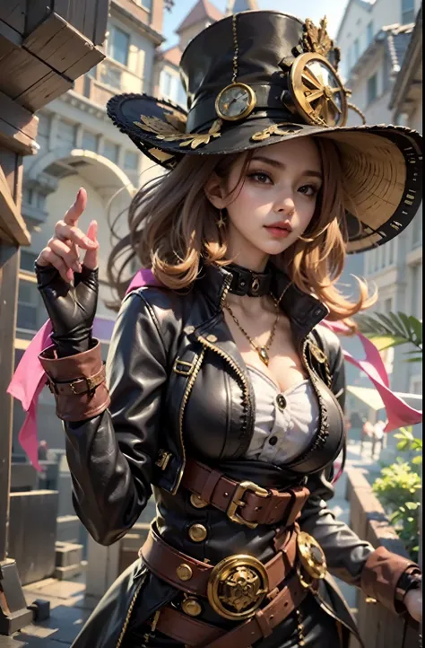 lady of alafed – steampunk costume and hat pose, steampunk beautiful anime woman, a lady in a steampunk hat showing off her nail...