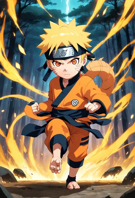 chibi chara (( naruto uzumaki)) em campo de batalha, cara de furia, pose de luta, estilo anime, by masashi kishimoto --auto