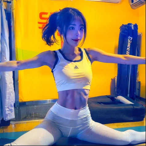 Skinny yoga pants, white sports top, high ponytail, abs