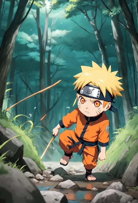 chibi chara (( naruto uzumaki)) em campo de batalha, cara de furia, pose de luta, estilo anime, by masashi kishimoto --auto