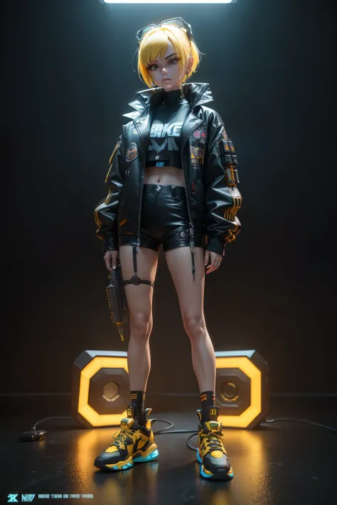 mechanical cyborg, chibi girl, resin mockuP, complex details, looking at viewer, bored pose, full body, black background, super trendy, with yellow hair, bored face, robotic arms, holding black mecha guns, wearing black bullet proof jacket, and black orang...