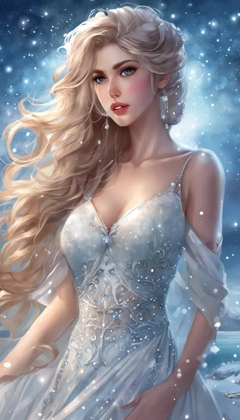 ((from below)), ((full body)), ((cross legged)), ((realistic)), (Beauty and aesthetics，big breasts beautiful), Beautiful model, Beautiful young girl, nigth, starrysky, Frozen, Frozen lake, nevando, (Skirt, One shoulder, Floral, Beautiful hair accessories),...