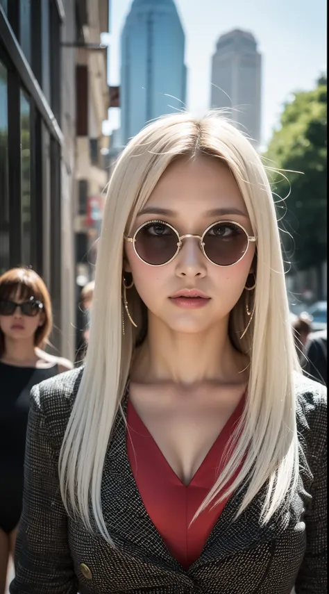 glass orbs, Long white hair, ahoge, hime-cut, kamina shades, horizontal pupils, Crescent earrings, Serious, art-deco, Sparkle, stereograms, stereograms, bust chart, red leotard，wind coat，the street，Perspective, Bokeh, hyper HD, Textured skin, Best quality