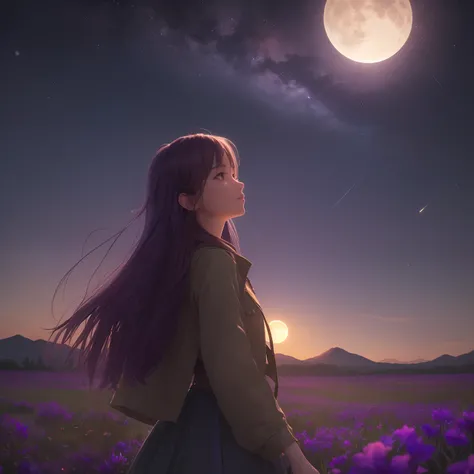 landscape shot, (view from below with a view of the sky and wilderness below), Close up portrait of a girl standing in a flower field and looking up, snap shot, (fullmoon: 1.2), (shooting stars: 0.9), (nebulas: 1.3), distant mountain, Tree Break Production...