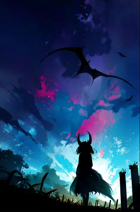 a girl walks in the dead of the night. a huge bat washes from above. a rainbow at night