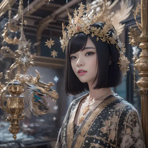 32K（tmasterpiece，k hd，hyper HD，16k）Black hair short hair，Vintage wooden train in the back room，Snowflake girl ，Protector of the Golden Dragon （realisticlying：1.4）Black hair，Python pattern robe，Purple-pink tiara，Snowflakes fluttering，Black hair，The backgrou...