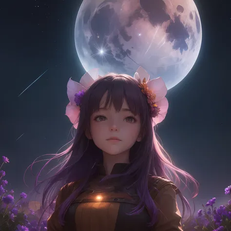 landscape shot, (view from below with a view of the sky and wilderness below), Close up portrait of a girl standing in a flower field and looking up, snap shot, (fullmoon: 1.2), (shooting stars: 0.9), (nebulas: 1.3), distant mountain, Tree Break Production...