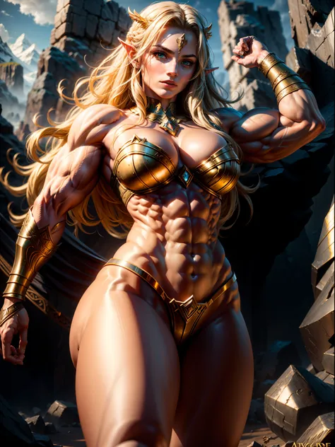 Asgard，valkyrie，Lady Knight，Correct anatomy，epic fantasy digital art，tmasterpiece，8K，hight resolution，detailed figure，Clidades Superior，, epic composition, muscular bodies, Muscular abdominal tattoos