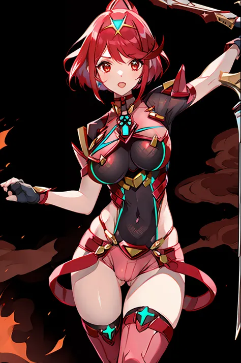 pyra (xenoblade), teen_1girl, loli, armor, bangs, black gloves, breasts, red eyes, closed mouth, earrings, eyelashes, fingerless gloves, floating hair, framed breasts, gem, gloves, hair ornament, headpiece, jewelry, big_breasts, leaning back, leotard, neon...