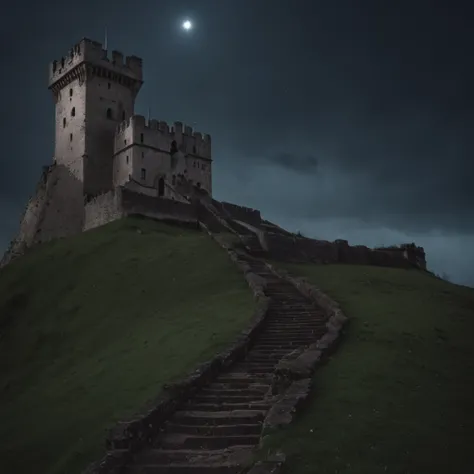 Fort Arafed，Stairs lead to the dark sky, Fort Scarly). mistic, Horrible castle)). mistic, Dark fortress background, Dark Fortress setting, An abandoned fortress in the sky, Gothic fortress, Gothic mansion, spooky mansion, Palace on top of the hill, dark pa...