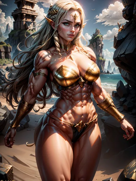 Asgard，valkyrie，Lady Knight，Correct anatomy，epic fantasy digital art，tmasterpiece，8K，hight resolution，detailed figure，Clidades Superior，, epic composition, muscular bodies, Muscular abdominal tattoos