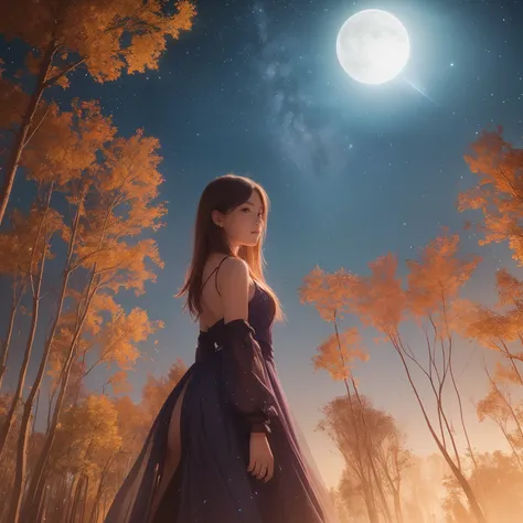 landscape shot, (view from below with a view of the sky and wilderness below), Close up portrait of a girl standing in a flower field and looking up, snap shot, (fullmoon: 1.2), (shooting stars: 0.9), (nebulas: 1.3), distant mountain, Tree Break Production...