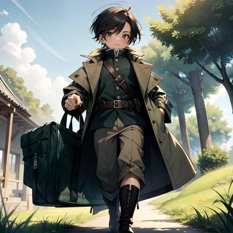 [ child + adventurer + Short Hair Hair + Medieval costume + alone + Big Bag + masculine ] + Green meadows + sky + Big dog mastiff + coat + 110 cm.