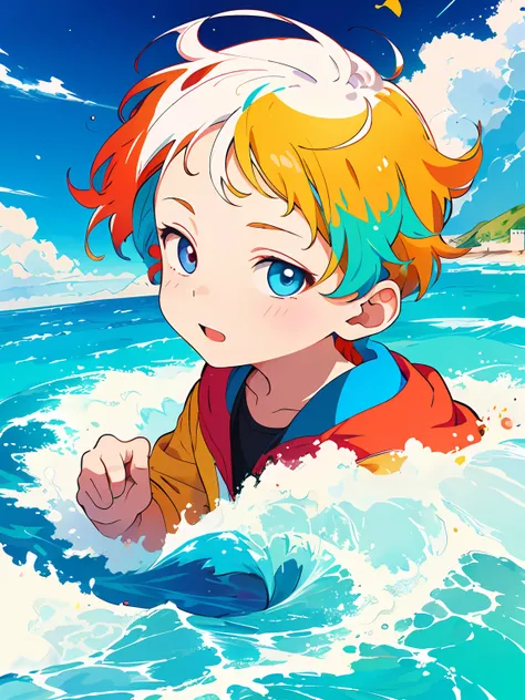 Making of Illustration Poster, Flat illustration, Colorful, Highly saturated, Contour light, warm and bright, Colorful, HD 8K, colored light particles, Heterochromatic, Male child, Upper body, Clear face, By the sea, Blue sky, white clouds, (Color: 1.5) , ...