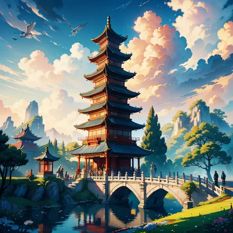 tmasterpiece，A high resolution，Complex scenes，detailed face with，CG animation，Chinese mythological story background，wonderland，bru，There are 2 people on the bridge，illustration，Crane，Clouds，Pavilions