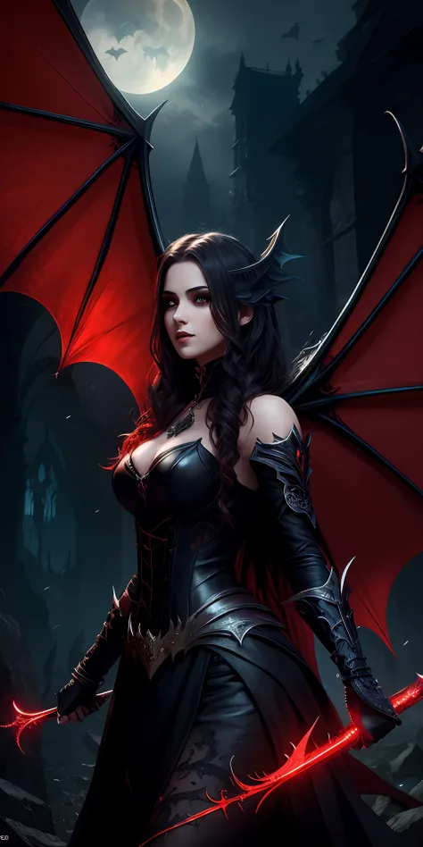 Fine, (Best Illustration), 8k Resolution, Intricate Details, Best Quality, Realistic, Ultra Detailed, Best Lighting, Best Shadows, Ultra HD, A Necromancer, Night, Magic, Dark Style, Vampire, Bat wings, red glowing eyes