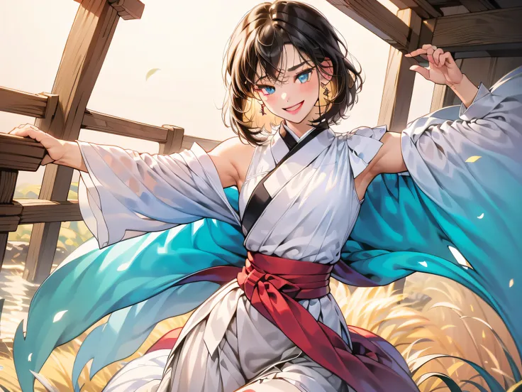 masutepiece, Best Quality, one girls, Solo，Solo, YunaFFX, Heterochromia, Short hair, YunaOutfit, hair adornments, Detached sleeves, Hakama, sash, Hakama skirt, Long skirt, Cowboy Shot, Smile, Magnificent views of the open