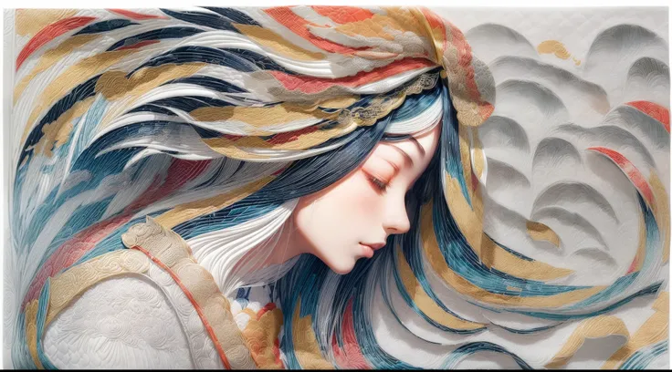 (White background:1.4),(Silhouette of a girls head, Eyes closed, colorfull long hair, Oriental elements)，(Chinese illustration:1.3，paper art:1.3, Quilted paper art:1.2),( reasonable design, Clear lines, High sharpness,Best quality, Very detailed, Masterpie...