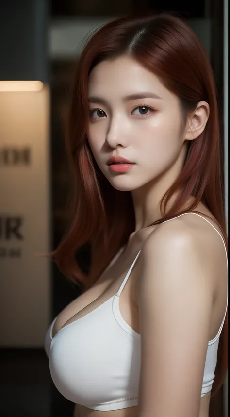 realistic photos of 1 cute Korean star, red medium hair, white skin, thin makeup, 32 inch breasts size, wearing Pikachu tank top, standing in front of the ice-cream store, night, close-up portrait, Gothic art, UHD