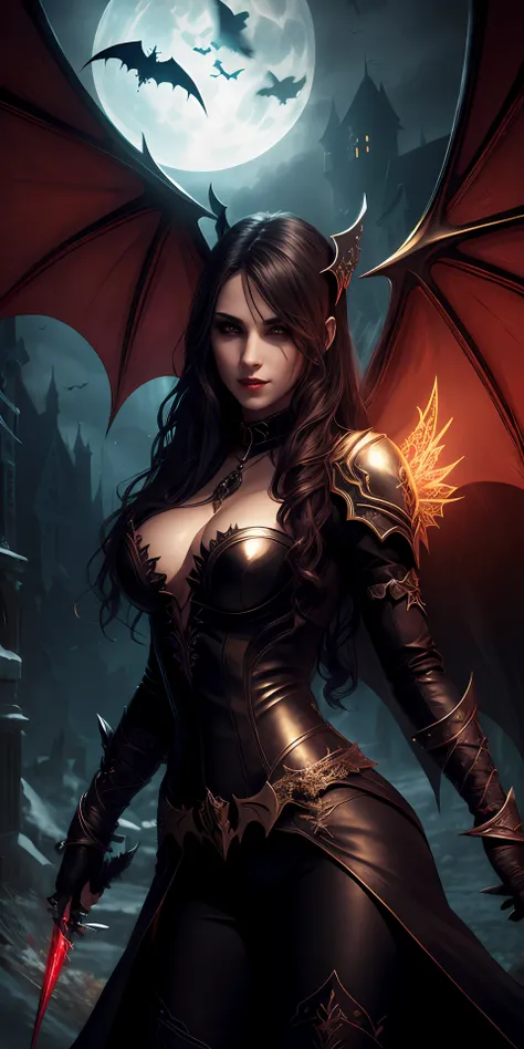 Fine, (Best Illustration), 8k Resolution, Intricate Details, Best Quality, Realistic, Ultra Detailed, Best Lighting, Best Shadows, Ultra HD, A Necromancer, Night, Magic, Dark Style, Vampire, Bat wings, red glowing eyes