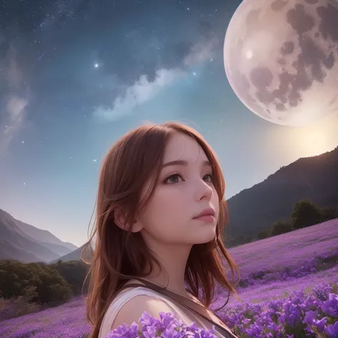 landscape shot, (view from below with a view of the sky and wilderness below), Close up portrait of a girl standing in a flower field and looking up, snap shot, (fullmoon: 1.2), (shooting stars: 0.9), (nebulas: 1.3), distant mountain, Tree Break Production...